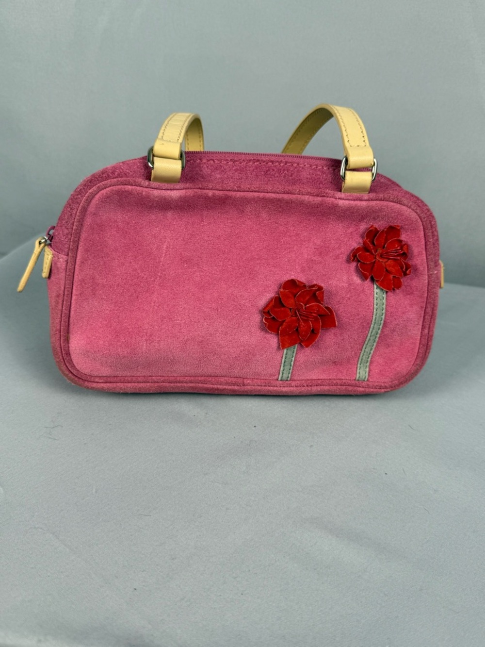 M London Pink Suede Floral Applique Mini Bag Y2K Statement Purse